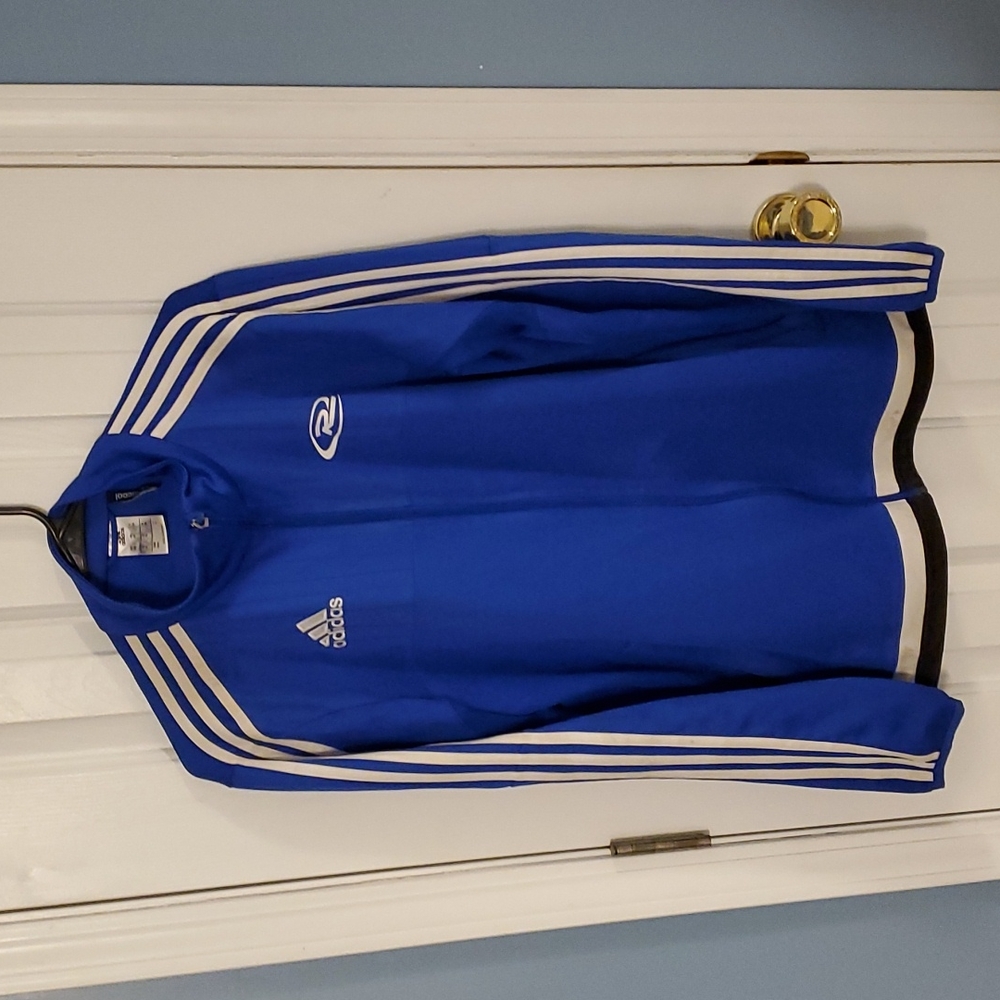 Adidas zippered Jacket Blue with white striped sleeves. Size Medium.  Climacool.